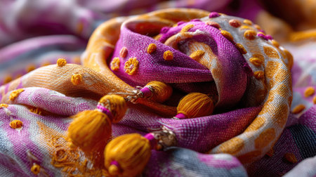A stunning close-up of vibrant handcrafted fabric showcasing intricate embroidery and bold colors, inviting viewers to appreciate the artistry and craftsmanship.の素材