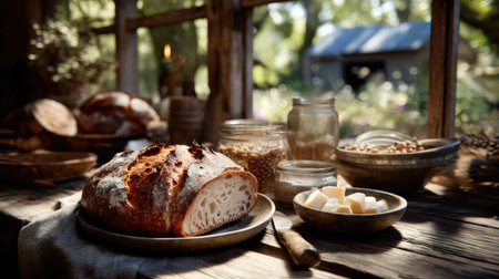 This captivating image showcases a freshly baked artisan bread resting on a rustic table. Surrounded by natural light and simple ingredients, it conveys warmth and comfort, perfect for culinary enthusiasts and food lovers.の素材