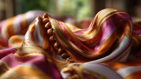 This vibrant silk fabric features intricate patterns and lush textures, perfect for fashion, interior design, and artistic projects. The rich colors and soft touch enhance any creative endeavor.の素材