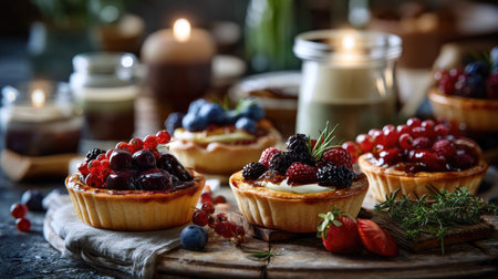 Indulge in the beauty of delicious fruit tarts topped with vibrant berries and cream, elegantly displayed on a rustic wooden board adorned with candlelight.の素材