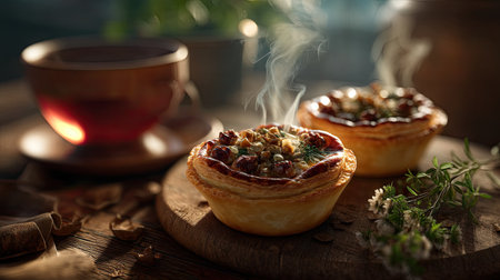 Indulge in the warmth of freshly baked savory pies nestled on a rustic wooden table, with steam rising beautifully, perfect for any cozy meal.の素材