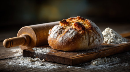 Captivating image of freshly baked round bread resting on a wooden plate, accompanied by a rolling pin and flour, evoking a cozy kitchen atmosphere.の素材