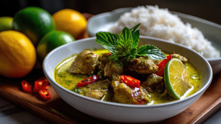 This vibrant chicken curry showcases tender meat simmered in flavorful spices, garnished with fresh herbs and lemon. Perfect for culinary lovers.の素材