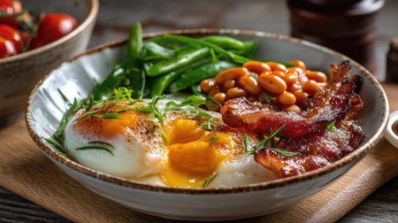 A hearty breakfast featuring poached eggs, crispy bacon, baked beans, and fresh greens, presented beautifully on a rustic table for an inviting start to the day.の素材