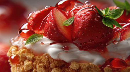 A close up shot of fresh strawberries topped with a shiny glaze and creamy frosting, garnished with mint leaves. Perfect for food lovers and dessert enthusiasts.の素材