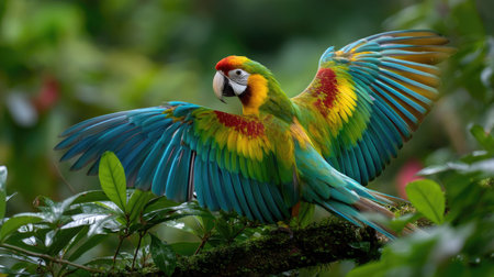 A stunning macaw showcases its vibrant feathers while perched on a branch in a lush tropical habitat, surrounded by green leaves. This image captures the beauty of wildlife in nature, perfect for those who appreciate avian species and colorful environments.の素材