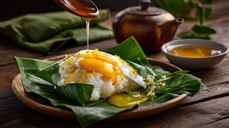 A beautifully arranged traditional Asian dish featuring a poached egg drizzled with coconut sauce on banana leaves. This culinary art captures simplicity and elegance, perfect for breakfast or brunch in a natural setting.の素材