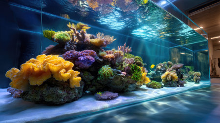 This stunning aquarium showcases a vibrant coral reef, teeming with life, featuring a variety of colorful corals and marine species.の素材