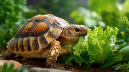 A charming close-up shot of a tortoise munching on fresh lettuce leaves in a natural setting. The vibrant colors of the tortoise's shell contrast beautifully with the lush greenery, making it an ideal image for wildlife and nature enthusiasts.の素材