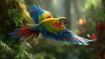 A stunning macaw soars gracefully through a vibrant tropical jungle, showcasing its vivid feathers against a lush green backdrop, embodying nature's beauty.の素材