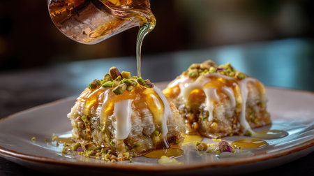 A mouthwatering presentation of baklava drizzled with honey and topped with crushed pistachios, showcasing the richness and flavor of traditional Middle Eastern cuisine.の素材