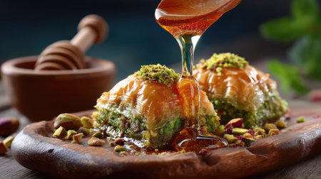 A tempting piece of baklava awaits with layers of flaky pastry, finely chopped pistachios, and a generous drizzle of honey, perfect for dessert lovers.の素材