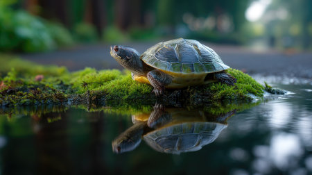 A serene close-up of a turtle resting on soft moss by a tranquil body of water, showcasing its reflection and the beauty of nature in a calm setting.の素材