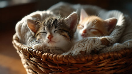 This charming image captures two kittens peacefully sleeping in a woven basket nestled in a soft blanket, evoking feelings of warmth, comfort, and tranquility.の素材