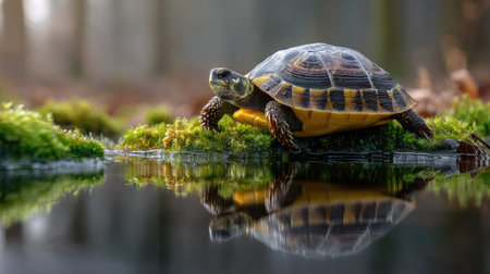 A beautiful turtle sits on a moss-covered bank beside calm water, capturing a serene moment in nature with stunning reflections and vibrant colors.の素材
