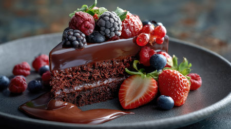A beautifully plated slice of chocolate cake topped with a glossy ganache and adorned with an assortment of fresh, juicy berries, creating an indulgent dessert experience.の素材