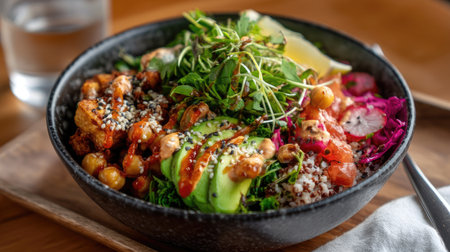A vibrant and healthy vegan bowl featuring chickpeas, ripe avocado, microgreens, and a medley of fresh vegetables, ideal for nutritious dining.の素材