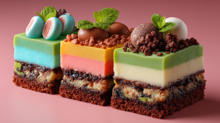 Delight in these colorful layered cakes topped with chocolate decorations and fresh mint leaves, perfect for celebrations and showcasing gourmet baking skills.の素材