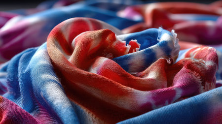This image showcases a vibrant and colorful fabric featuring red and blue tie-dye patterns. The softness and texture create a captivating aesthetic, ideal for fashion and design inspiration.の素材