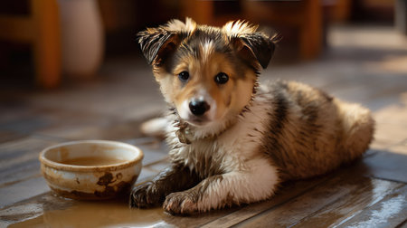 This cute puppy lies next to a muddy water bowl, showcasing its playful nature. Its wet fur and big eyes create an endearing image of innocence.の素材
