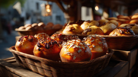 Explore a beautifully arranged display of freshly baked pastries and breads in a rustic market, showcasing warm lighting and inviting textures.の素材