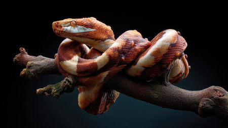 This stunning close-up features a colorful snake gracefully coiled on a branch. The intricate patterns and vivid colors contrast beautifully against a dark background, emphasizing the snakeの素材