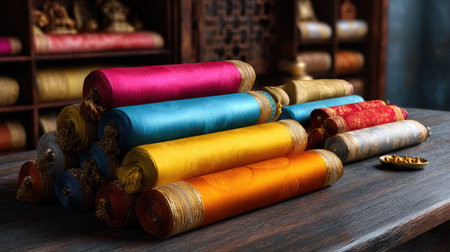 A visually striking arrangement of colorful fabric rolls stacked atop a wooden surface, showcasing a vibrant selection of traditional textiles in a shop setting.の素材