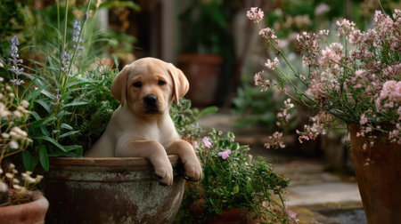 A cute Labrador puppy lounges comfortably in a flower pot, surrounded by vibrant blossoms and lush greenery, capturing the essence of joy and tranquility in nature.の素材