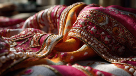 Discover the beauty of this elegant traditional fabric showcasing intricate embroidery and a vibrant color palette, perfect for cultural events or fashion.の素材