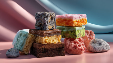 A vibrant display of assorted dessert bars in different flavors and colors, beautifully arranged against a soft pastel background, perfect for any sweet occasion.の素材