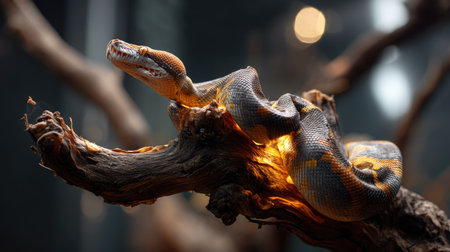 A mesmerizing close-up of a vibrant python perched gracefully on a branch, showcasing its intricate patterns and colors. This image highlights the beauty of wildlife in its natural habitat while capturing the essence of the reptile's serene demeanor.の素材
