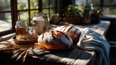 A serene scene featuring freshly baked artisan bread on a rustic wooden table, enhanced by natural light filtering through a window, evoking warmth and comfort.の素材