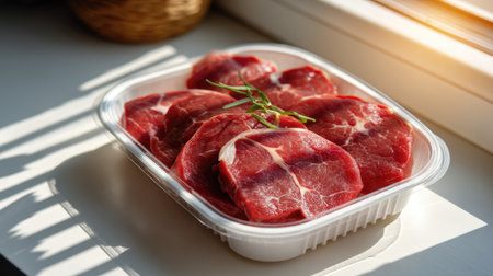 A vibrant display of fresh red meat cuts arranged neatly in a styrofoam tray, accented with a sprig of green herb, capturing natural light.の素材