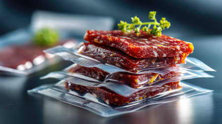 This image showcases beautifully packaged jerky snacks, featuring vibrant colors and a green garnish, perfect for food lovers and healthy eaters.の素材