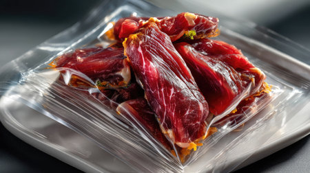 This image features a delicious selection of dried meat beautifully arranged in a vacuum-sealed bag, emphasizing its freshness and unique texture.の素材