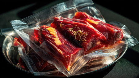 This image features freshly sealed cuts of red meat in vacuum packaging, ideal for culinary uses and showcasing freshness and quality for cooking enthusiasts.の素材