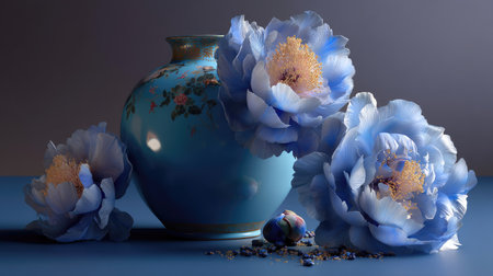 A stunning composition featuring a blue porcelain vase adorned with large floral blooms, showcasing serene beauty and elegant home decor ideal for artistic settings.の素材