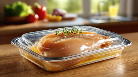 Fresh chicken breast sits in transparent packaging on a wooden kitchen countertop, garnished with herbs, ideal for meal prep or culinary presentations.の素材