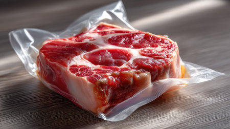 This image showcases a freshly vacuum sealed piece of red meat placed on a wooden surface, lit naturally to highlight its rich color and texture. Perfect for culinary use!の素材