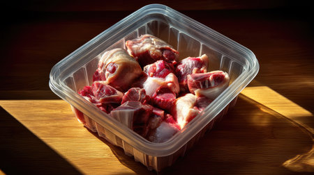 A clear plastic container holds various pieces of raw meat cuts, showcasing vibrant colors and textures under natural light, perfect for culinary use.の素材