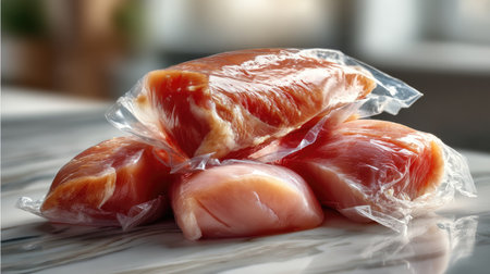 Fresh raw chicken breasts carefully packed in vacuum-sealed plastic on a kitchen counter, ready for culinary preparation, enhancing quality and safety in cooking.の素材