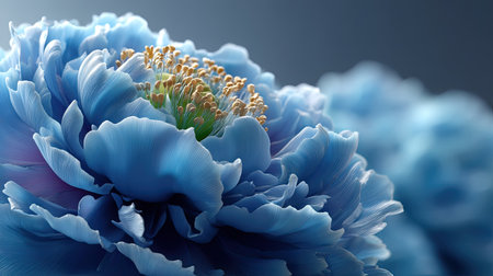 This close-up image showcases a vibrant blue peony flower with intricate details and soft focus. The serene and calm atmosphere makes it perfect for nature-themed projects.の素材