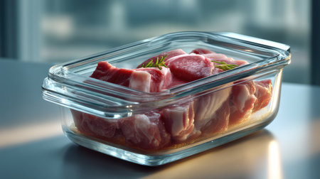 A vibrant display of fresh raw meat cubes seasoned with rosemary in a clear glass container, perfect for cooking inspiration and food photography.の素材