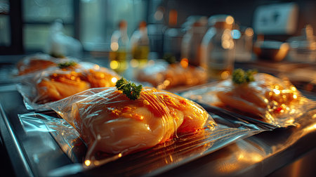 This image features fresh chicken breasts sealed in packaging with a garnish of herbs, set on a kitchen counter ready for culinary preparation.の素材