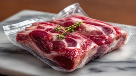 A close-up view of fresh meat cuts vacuum-sealed for optimal preservation, highlighted by a sprig of thyme, showcasing culinary potential and freshness.の素材