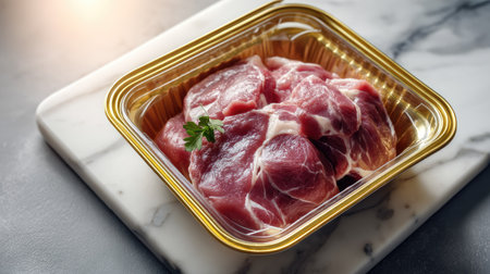 Fresh raw pork chops are placed in a plastic tray on a marble surface, showcasing juicy cuts ready for cooking, grilling, or meal preparation.の素材
