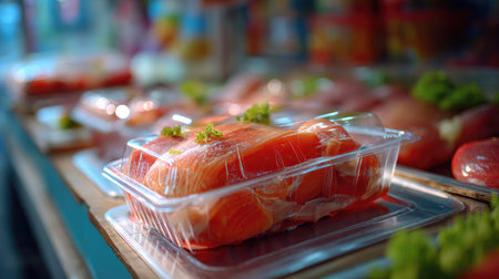 A fresh salmon fillet is neatly packaged in clear plastic, garnished with a touch of green, creating an appealing market display for seafood lovers.の素材