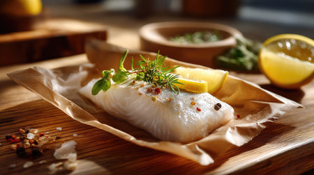 A beautifully presented fresh fish fillet sits on a wooden kitchen table, garnished with lemon slices and herbs, ideal for healthy meal preparation.の素材