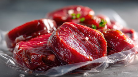 This image showcases fresh cuts of raw red meat arranged thoughtfully on plastic wrap, garnished with herbs, ideal for culinary inspiration and recipe creation.の素材