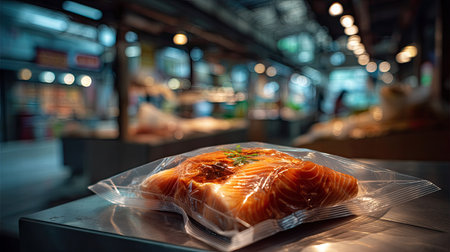 A close-up view of a fresh salmon fillet wrapped in plastic on a market counter, showcasing freshness and quality in a vibrant grocery setting.の素材